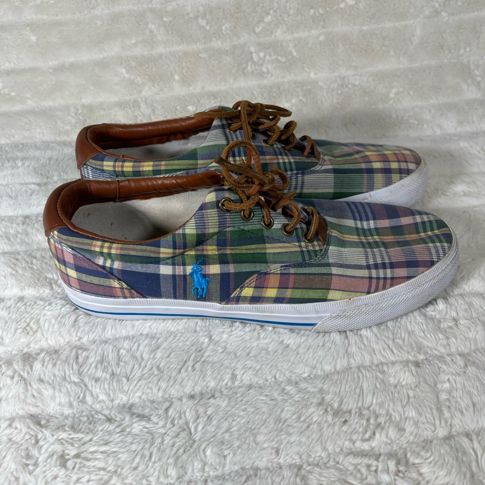 Polo Ralph Lauren Vaughn Madras Leather Plaid Fabric Leather Sneakers  Mens 11 D
